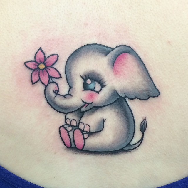 Cute Baby Elephant With Pink Flower Tattoo On Upper Back