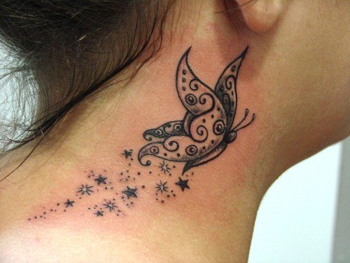 Cute Magical Flying Butterfly Tattoo On Side Neck