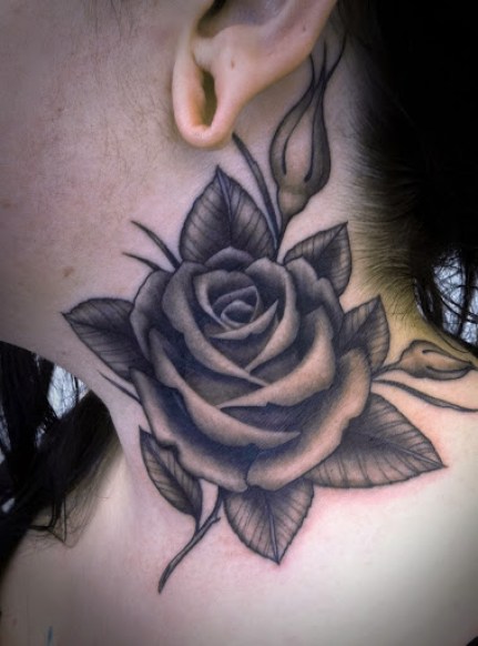 Dark Grey Rose Tattoo On Side Neck