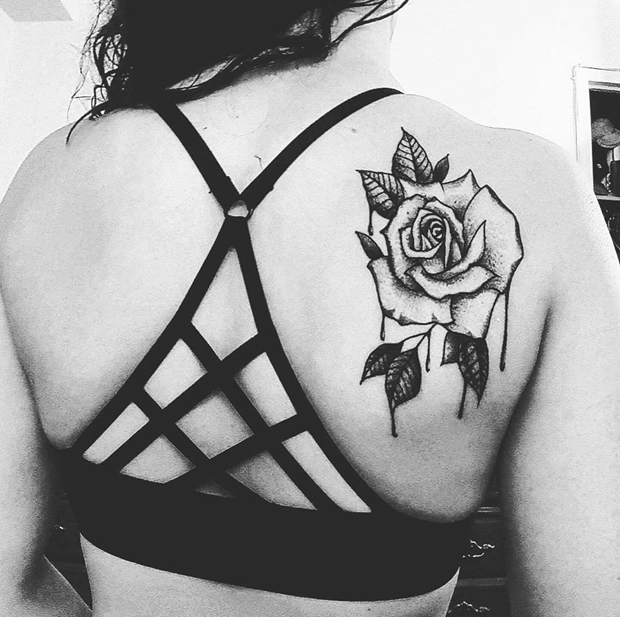 Dotwork Rose Flower Tattoo On Right Back Shoulder