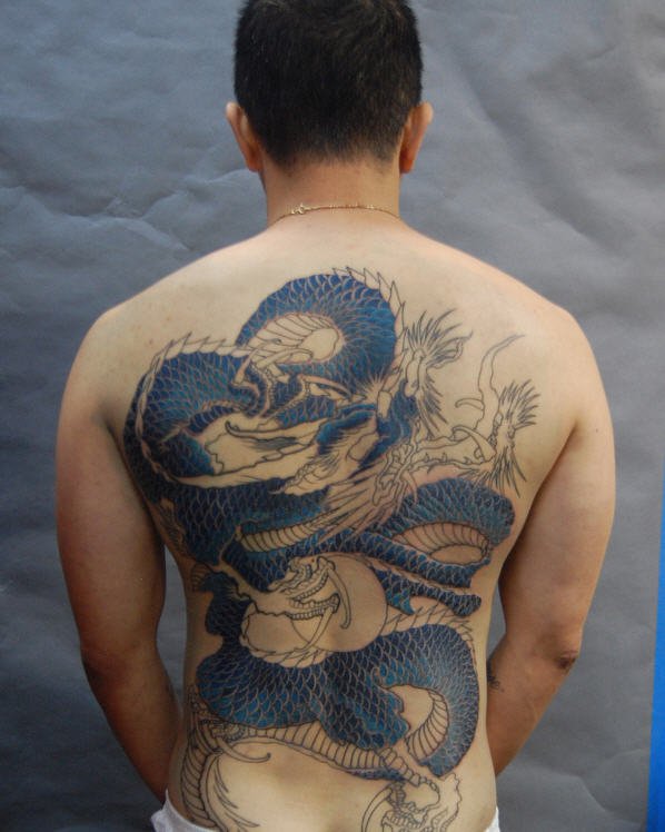 Dragon Tattoo On Man Full Back In Blue Ink by Eddie Tana1