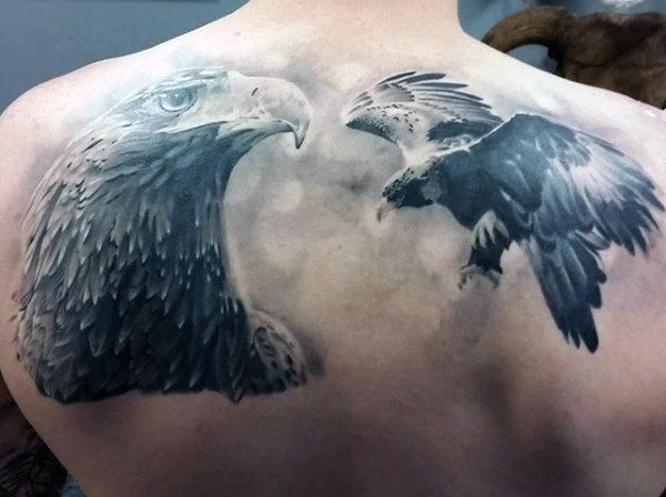 Eagle Head And Flying Eagle Tattoo On Back