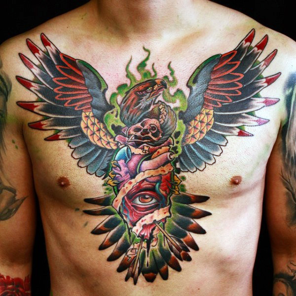 Eagle With Flaming Human Heart With Pierced Arrows Tattoo On Man Chest