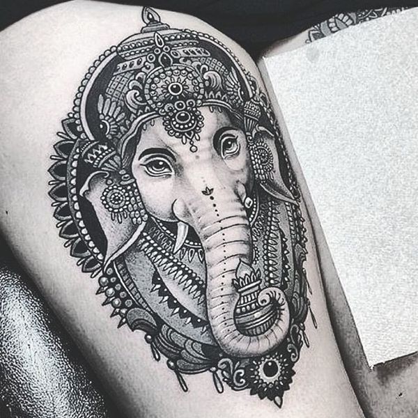 Elephant Ganesha Head Tattoo On Thigh