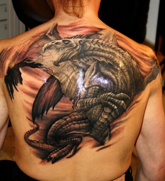Evil Dragon Tattoo On Upper Back