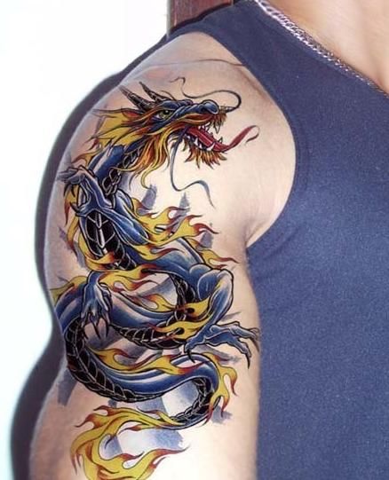 Flaming Blue Dragon Tattoo On Man Right Shoulder