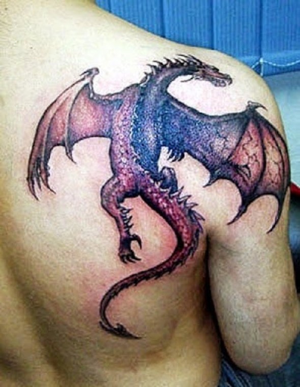 Flying Dragon Tattoo On Right Back Shoulder