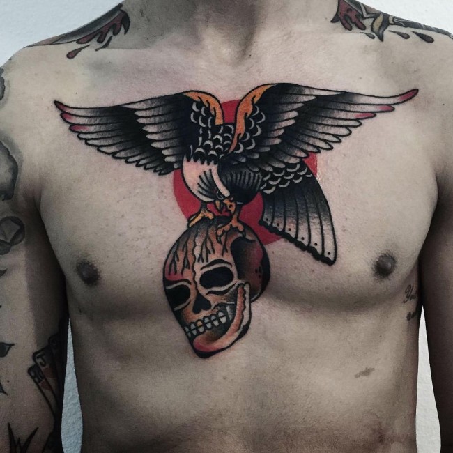 Flying Eagle And Skull Tattoo On Man Chest