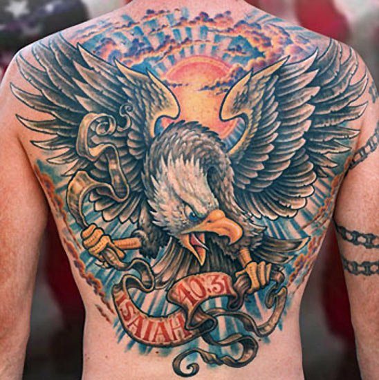 Flying Eagle Hold A Memorial Banner In Claws Tattooed On Back