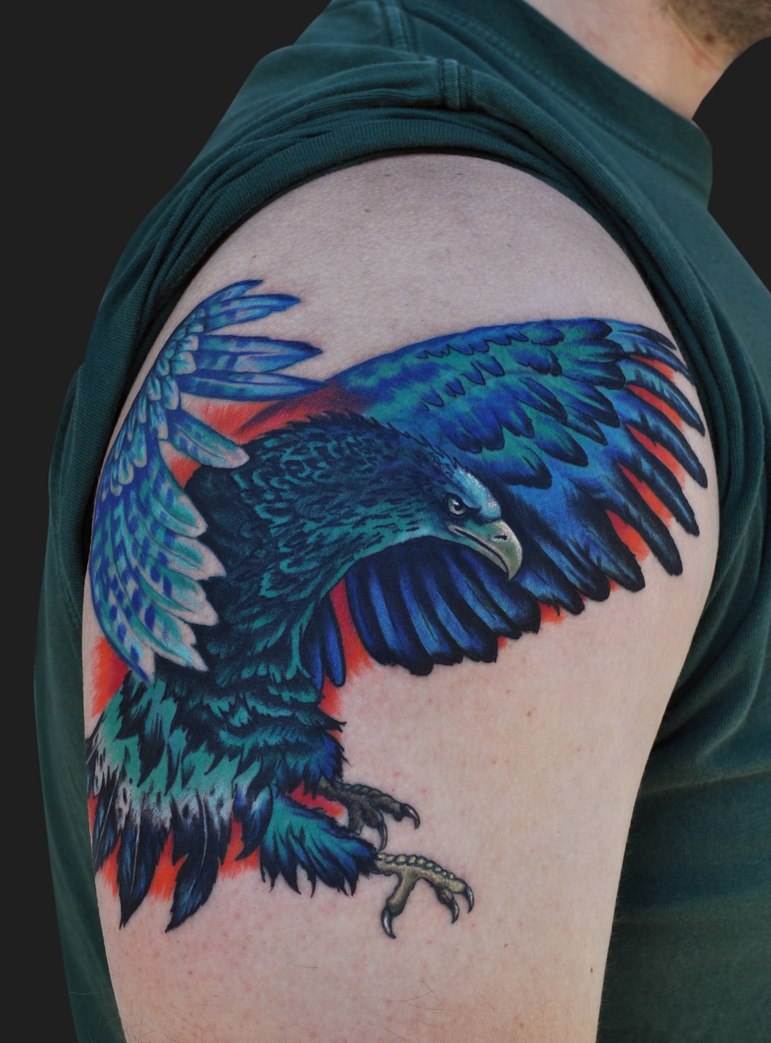 Flying Eagle Tattoo On Right Shoulder With Blue Ink