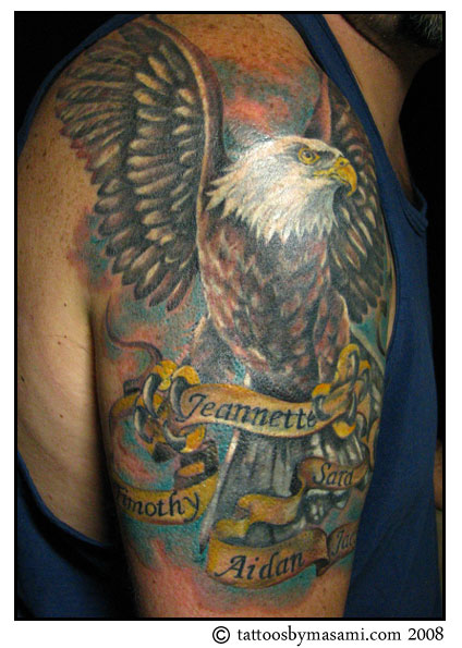 Flying Eagle With Banner Tattoo On Right Shoulder