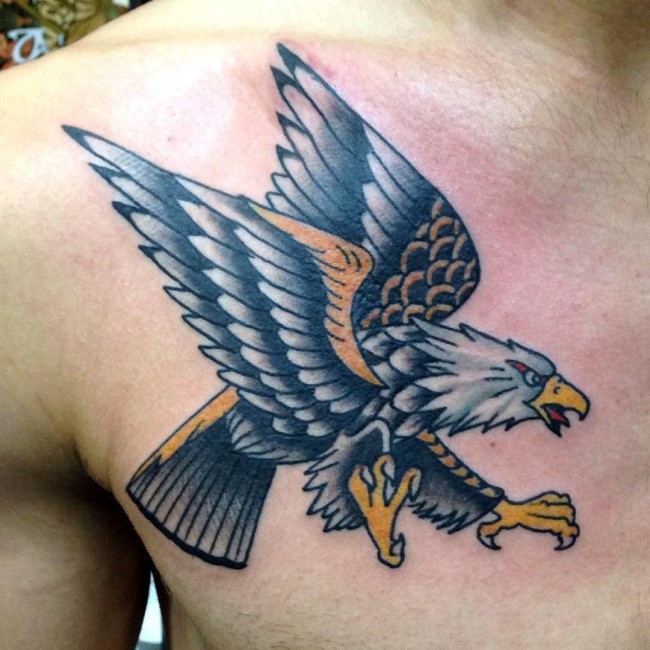 Flying Eagle tattoo with Yellow and Grey Ink On Front Shoulder