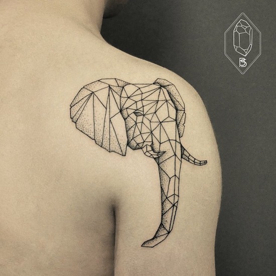 Geometric Asian Elephant Head Tattoo On Right Shoulder