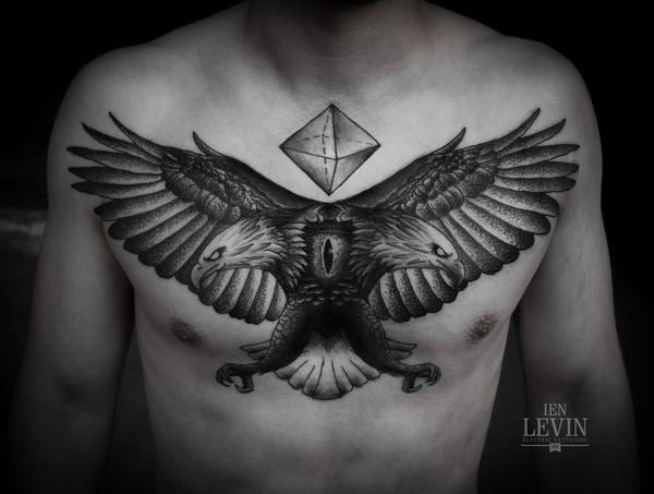 Geometric Eagle Tattoo On Man Chest by Ien Levin