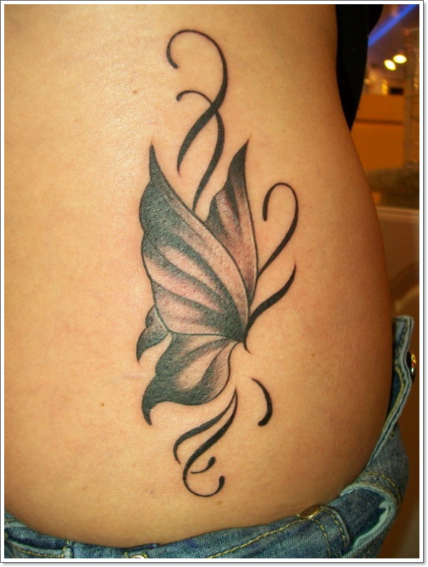Grey And Black Butterfly Tattoo On Lower Back