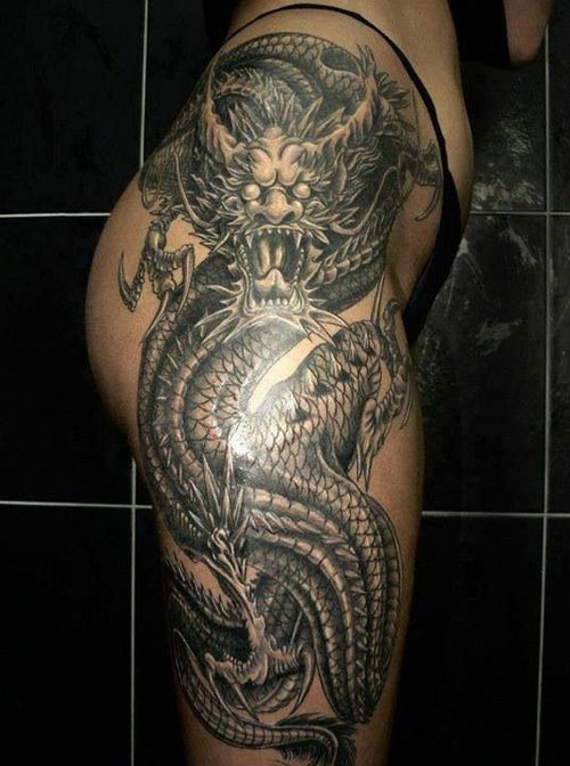 Grey And Black Chinese Dragon Tattoo On Side Thigh