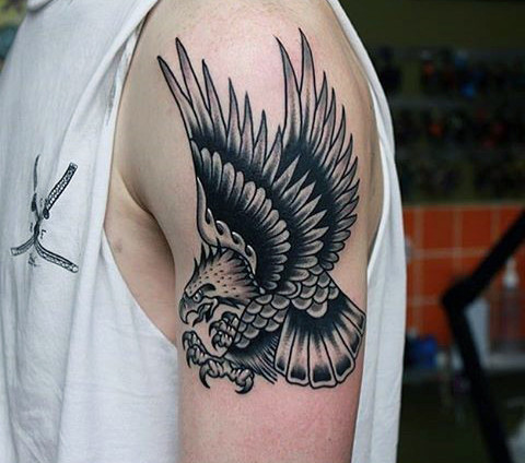 Grey And Black Eagle Tattoo On Left Shoulder
