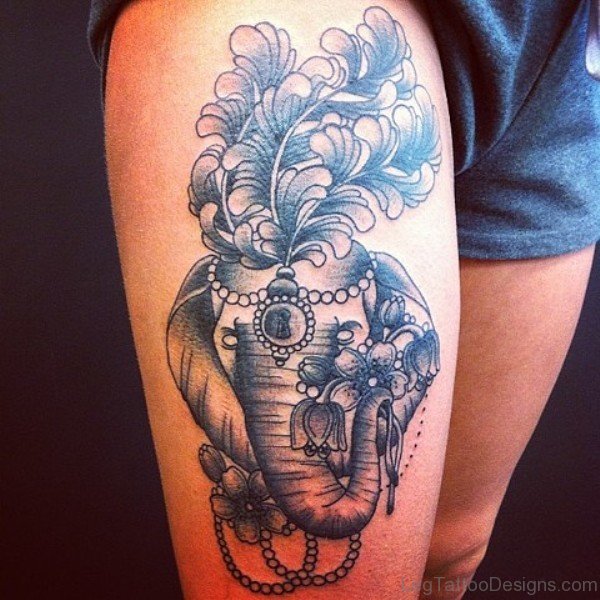 Grey And Black Elephant Head Tattoo On Right Thigh