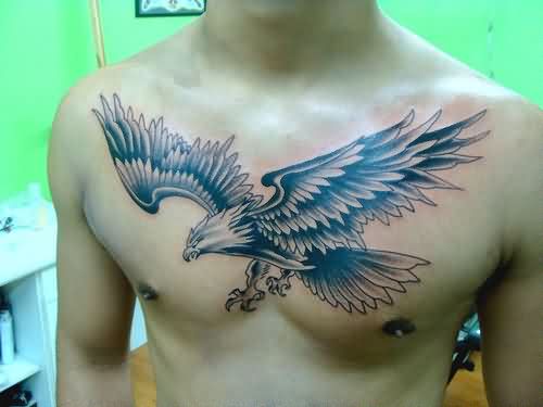 Grey And Black Flying Eagle Chest Tattoo