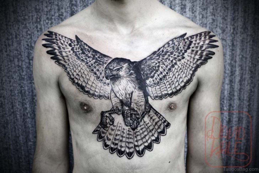 Grey And Black Flying Eagle Tattoo On Chest for Men