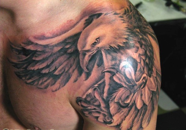 Grey And Black Flying Eagle Tattoo On Shoulder