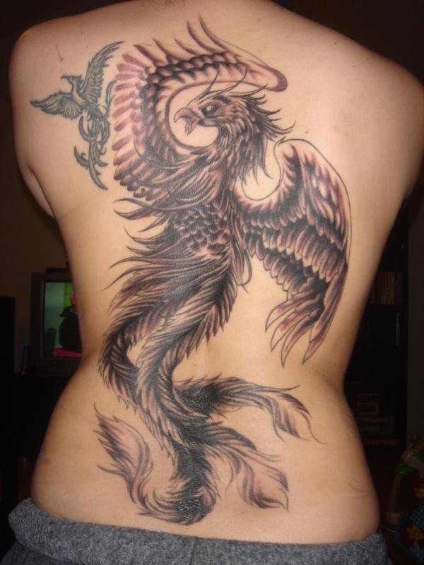 Grey And  Black Flying Phoenix Tattoo On Girl Full Back