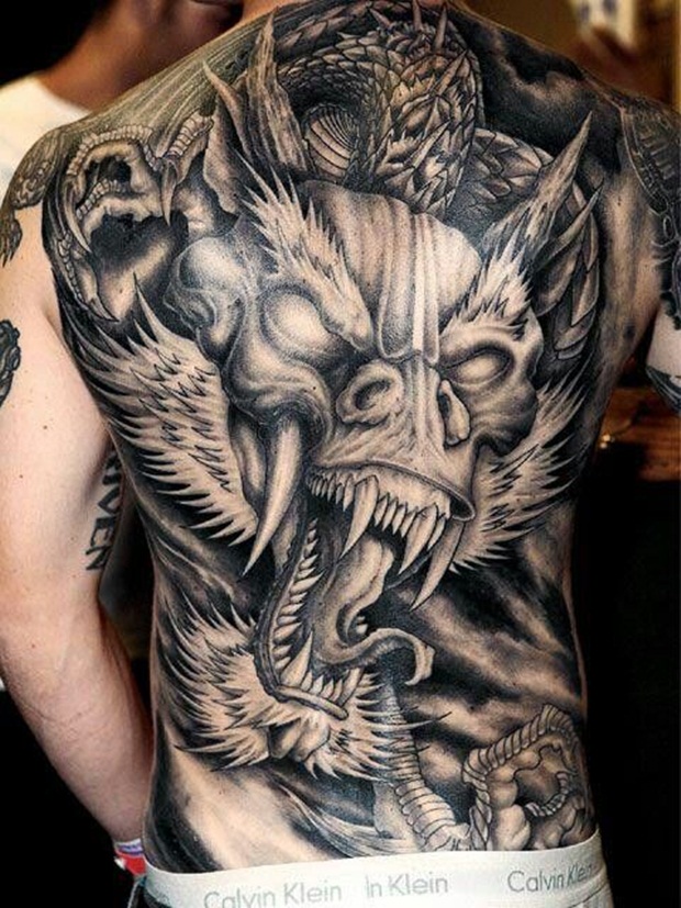 Grey And Black Ink Dragon Tattoo On Back