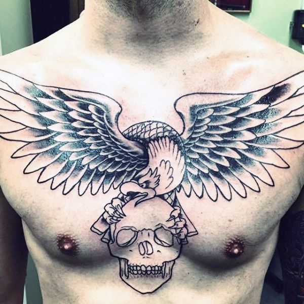Grey And Black Ink Flying Eagle With Skull In Claws Tattoo On Man Chest