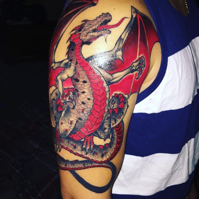 Grey And Red Dragon Tattoo On Man Right Half Sleeve