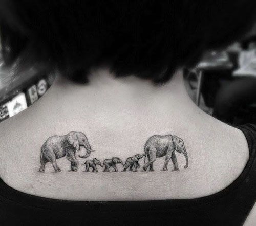 Grey And White Ink Elephant Family Tattoo On Upper Back