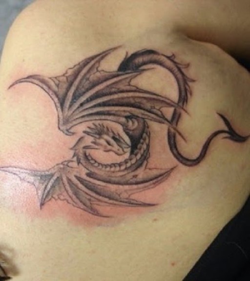 Grey Dragon Tattoo On Girl Back Shoulder
