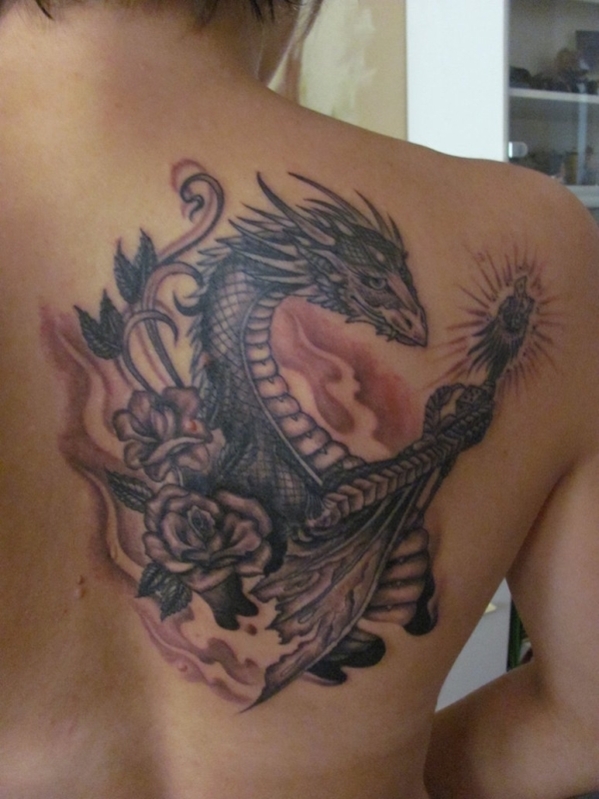 Grey Flowers and Dragon Tattoo On Girl Right Back Shoulder