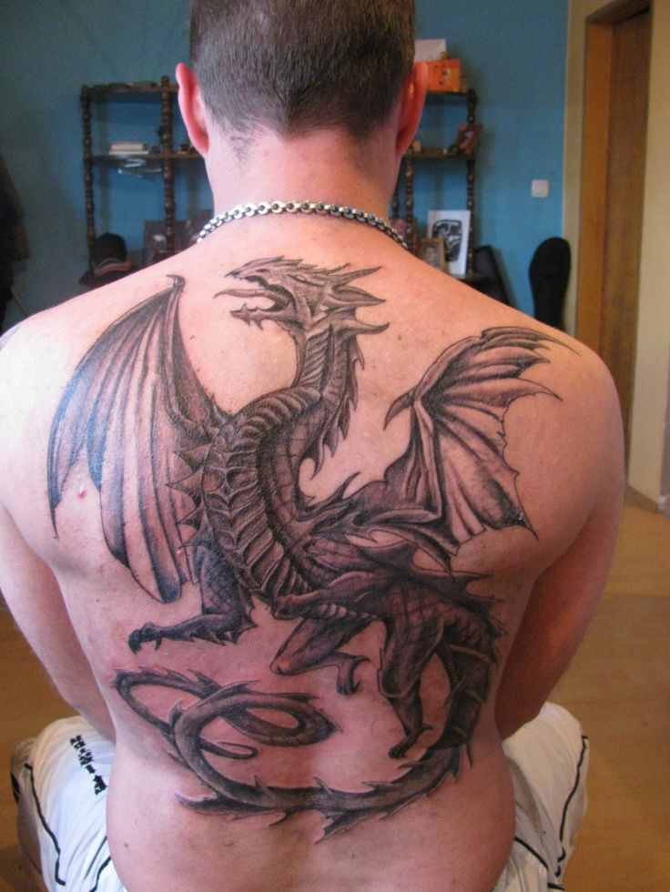 Grey Flying Dragon Tattoo On Man Back Body