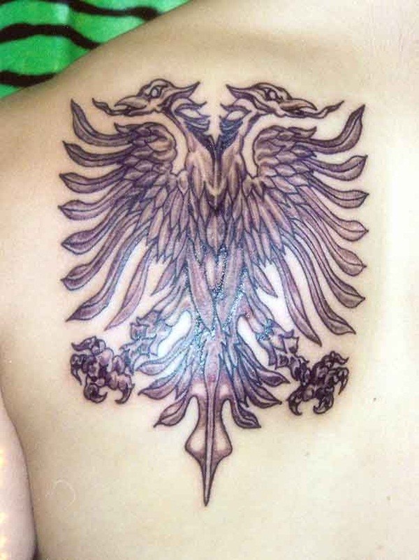 Grey Ink Eagle Tattoos On Back Shoulder