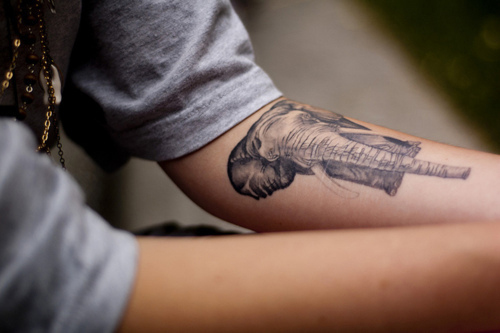 Grey Ink Elephant Tattoo On Left Forearm