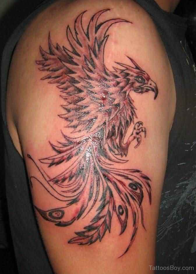 Grey Ink Flying Phoenix Tattoo On Right Half Sleeve