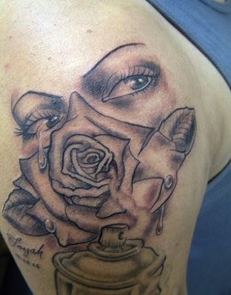 Grey Ink Rose Flower And Crying Girl Eyes Tattoo On Shoulder