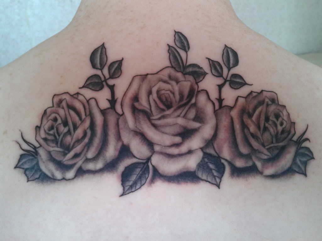 Grey Ink Rose Flowers Tattoos On Upper Back