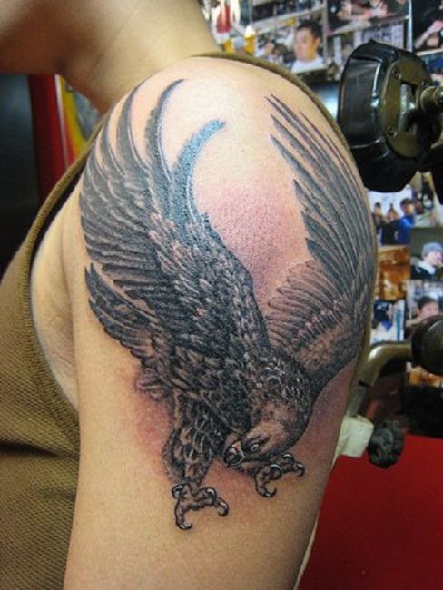 Grey Ink Wonderful flying Eagle Tattoo On Shoulder