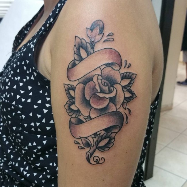 Grey Rose Flower With Banner Tattoo On Left Shoulder