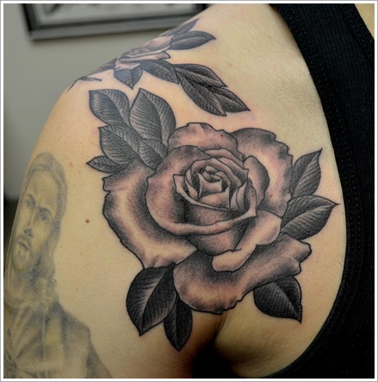 Grey Rose With Black Leaves Tattoo On Back Shoulder