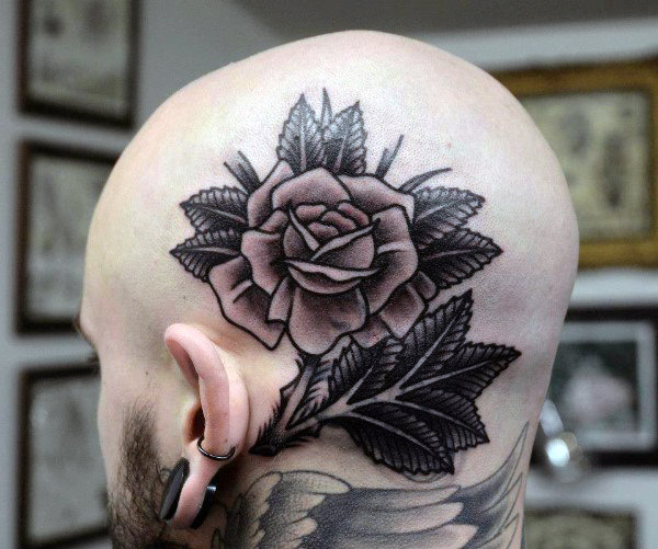 Grey Rose With Black Leaves Tattoo On Man Head