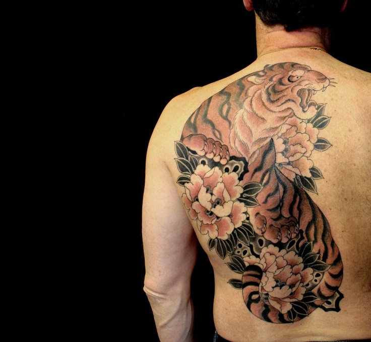 Japanese Flowers And Tiger Tattoo On Left Back Shoulder