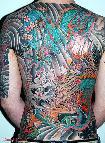 Japanese Tiger And Dragon Tattoo On Full Back