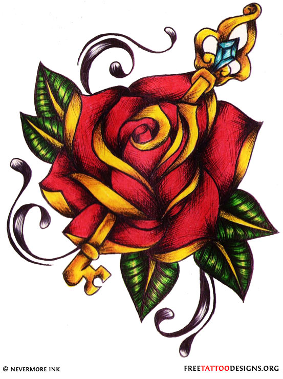 Key Pierced In Rose Tattoo Design