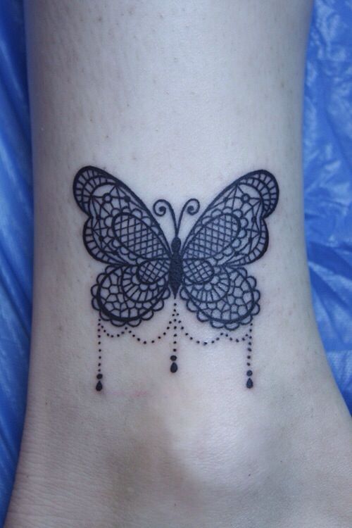 Lace Butterfly With Hanging Gems Tattoo On Leg