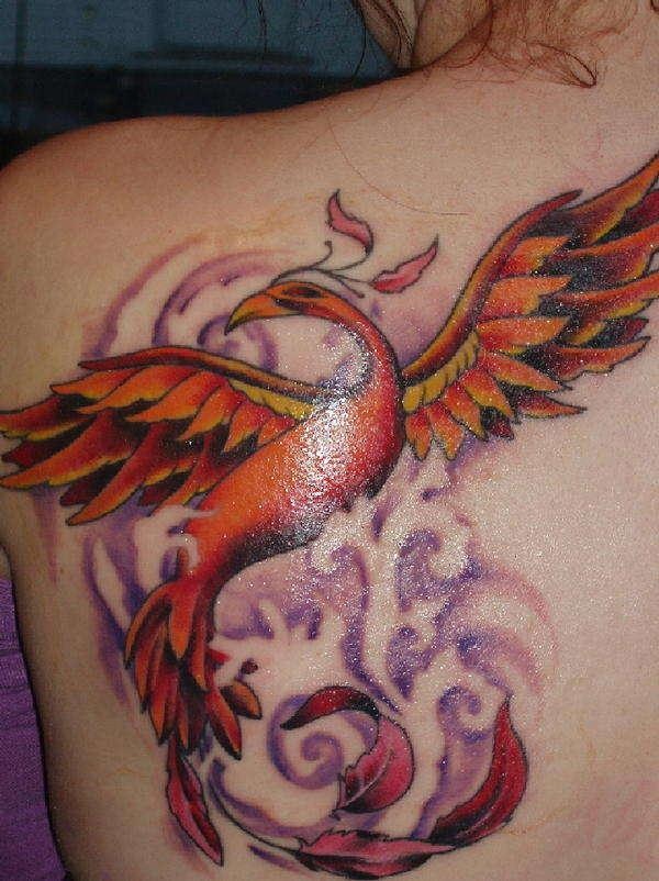 Left Back Shoulder Colored Flying Phoenix Tattoo For Girls