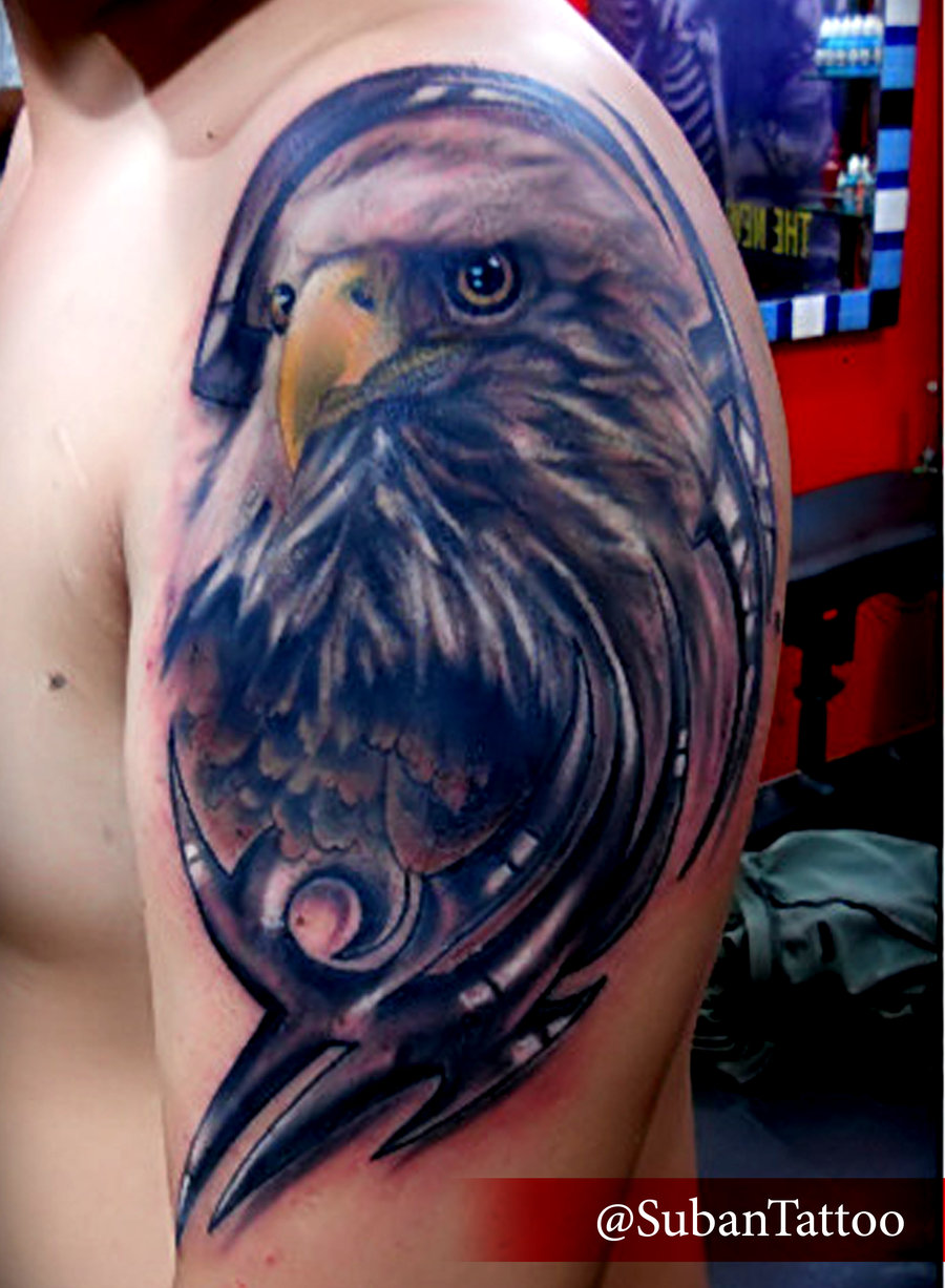 Left shoulder Grey Eagle Head Tattoo
