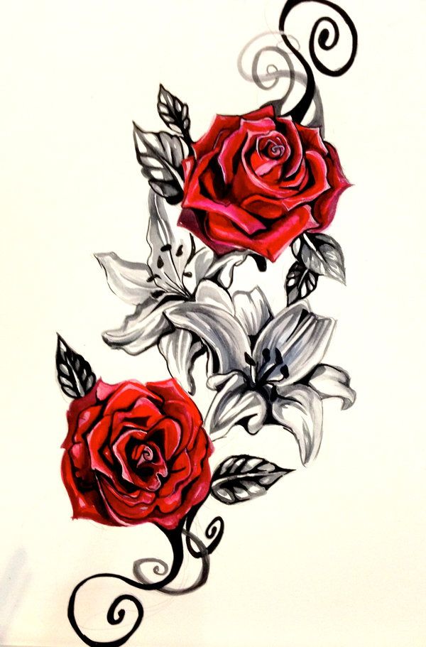 Lily Flowers And Red Roses Tattoos Design