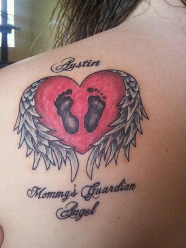 Little baby feet in heart shaped angel wings - Miscarriage baby memorial tattoo on back shoulder